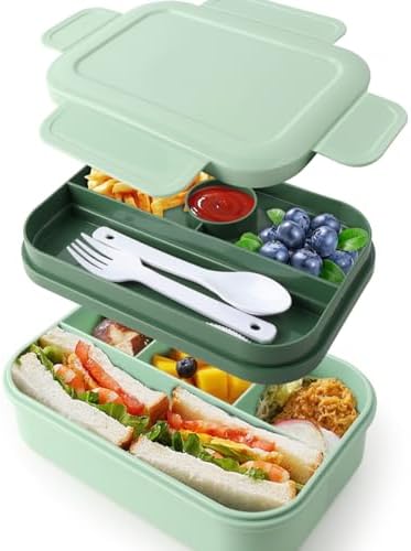 Bento Box Adult Lunch Box - 2000 ML Stackable with 8 Compartments, Leak-Proof, Built-in Sauce Container, Utensils, Microwave/Dishwasher/Freezer Safe - Blue
