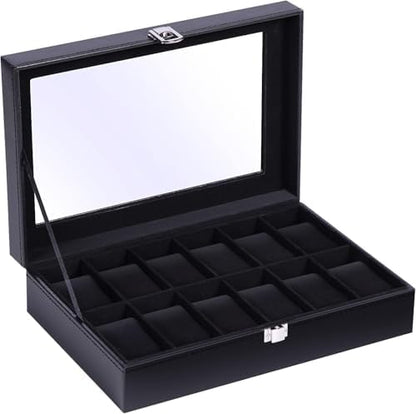 Ohuhu Watch Box Organizer for Men -12 Slot Leather Watch Case with Real Glass Lid Watch Display Case, Watch Organizer Jewelry Storage Box