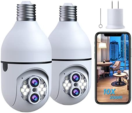 2Pack Light Bulb Security Camera, Dual Lens 10X Zoom 360° PTZ Outdoor Camera 2.4G Wi-Fi Color Night Vision Surveillance Camera with Two-Way Talk, Motion Tracking, Cloud Storage for Home Security