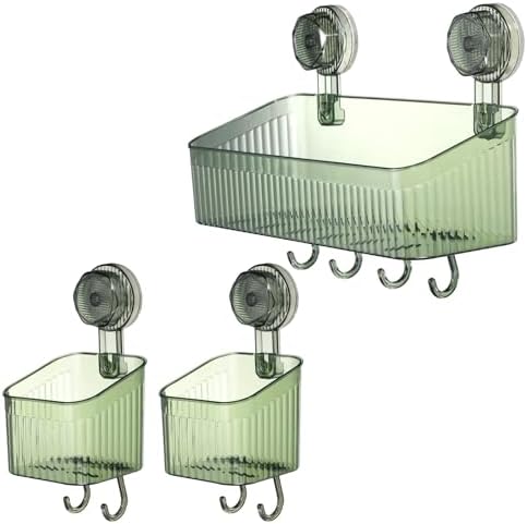 uxcell 1Set Suction Cup Shower Caddy with Hooks, 3Pcs Suction Cup Shower Organizer Shelf Wall Mount Dispenser Rack Storage Shelf for Bathroom Kitchen, Green
