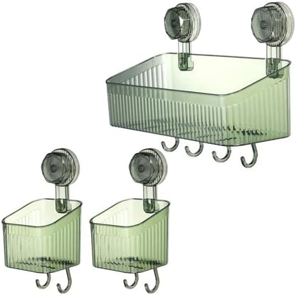 uxcell 1Set Suction Cup Shower Caddy with Hooks, 3Pcs Suction Cup Shower Organizer Shelf Wall Mount Dispenser Rack Storage Shelf for Bathroom Kitchen, Green