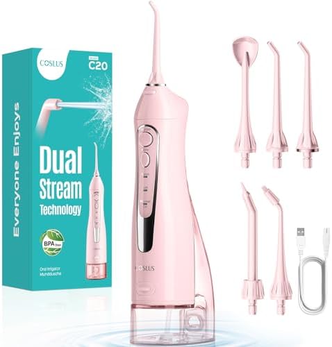 COSLUS Water Teeth Flosser: 300ML Cordless Electric Water Tooth Flossing Rechargeable IPX7 Waterproof Portable Travel Flossers Set for Teeth