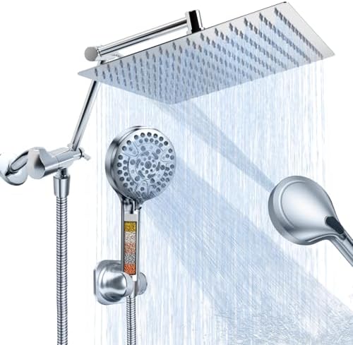 PALAS Rainfall Shower Head/Handheld Showerheads Combo, High Pressure Shower Head with Filter, Reinforced 60" Hose/Holder,Extension Arm Height/Angle Adjustable, Anti-Clog Nozzle (Chrome-8 Inches)