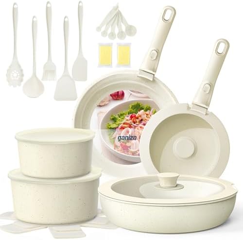 Ganiza Cookware Set Non Stick, 27 Pcs Pots and Pan Set, Nonstick Induction Cookware with Frying Pans, Saute Pan, Saucepans, Kitchen Utensils, Removable Handle, Cooking Pot Set for All Stoves