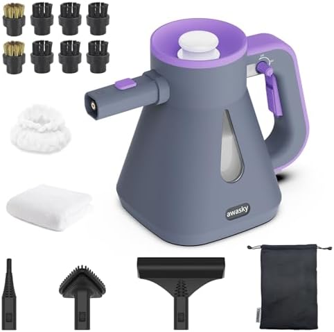 awasky Handheld Steam Cleaner: 10-Sec Heat-Up, 25oz Tank Refill Anytime (Non-Pressurized), Lockable Steam Trigger, 1200W, 14-Pcs Kit, Dry/Wet Modes for Tile Grout Shower Furniture Car Cleaning Gray
