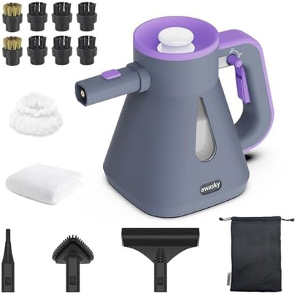 awasky Handheld Steam Cleaner: 10-Sec Heat-Up, 25oz Tank Refill Anytime (Non-Pressurized), Lockable Steam Trigger, 1200W, 14-Pcs Kit, Dry/Wet Modes for Tile Grout Shower Furniture Car Cleaning Gray
