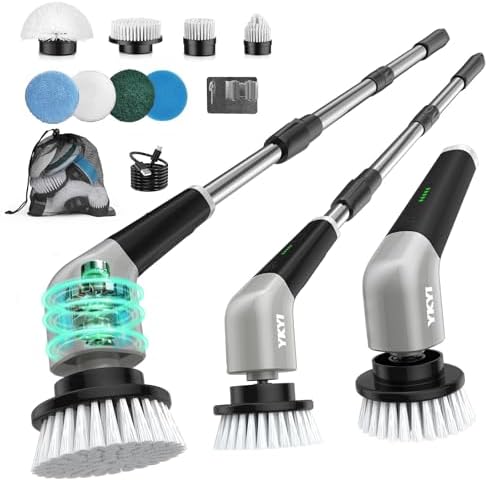 YKYI Electric Spin Scrubber,Cordless Electric Cleaning Brush,Shower Scrubber with 8 Replaceable Brush Heads,Power Scrubber 2 Adjustable Speeds,Bathroom Brush with Long Handle for Bathtub,Tile,Floor