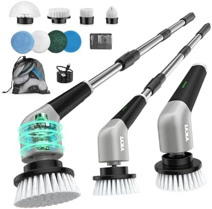 YKYI Electric Spin Scrubber,Cordless Electric Cleaning Brush,Shower Scrubber with 8 Replaceable Brush Heads,Power Scrubber 2 Adjustable Speeds,Bathroom Brush with Long Handle for Bathtub,Tile,Floor