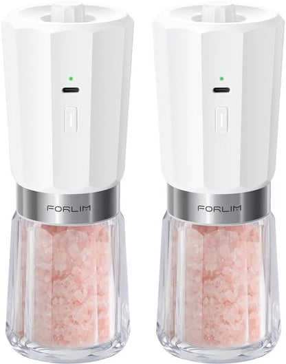 FORLIM 2-Speed Electric Salt and Pepper Grinder Set, 800mAh Rechargeable, Upgraded Auto-Reverse Clean After Stop, Pepper Shakes with White LED, Ceramic Grinding Core, Black & White