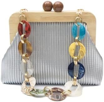 CORIOS Women Evening Bag Pleated Clutch Bag Wooden Beads Handbag Bridal Wedding Purse Elegant PU Leather Shoulder Bag