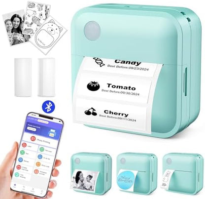 Label Maker Machine with Tape - Thermal Label Printer Bluetooth Label Maker Machine, Mini Printer Sticker Maker for Home, Kitchen, School, Office Organization with 2 Rolls Paper (Green)