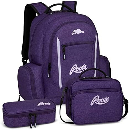 Roots Original 3-in-1 Matching Water Resistant Backpack and Lunch Bag Set with Bonus Pencil Case - Made From 100% Recycled Fabrics - 33 litres, Blue, Large