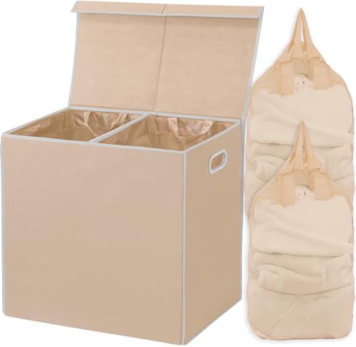 SimpleHouseware Double Laundry Hamper with Lid and Removable Laundry Bags, Beige