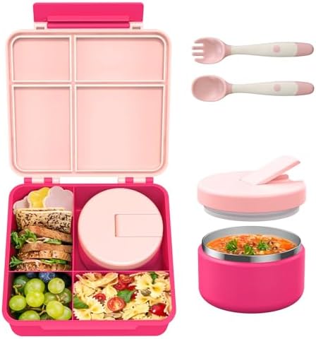 Bento Lunch Box for Kid with 7oz Soup Jar, Leak-Proof Lunch Box with Cutlery, 4-Compartments Lunch Container for School Outdoors Office