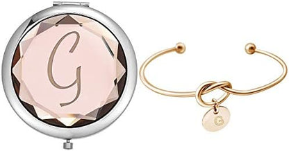 Compact Crystal Pocket Makeup Mirrors Set - Letter Mirror and Love Knot Bracelets for Bachelorette Party, Bridesmaid Proposal, Wedding Gifts (Champagne-B)