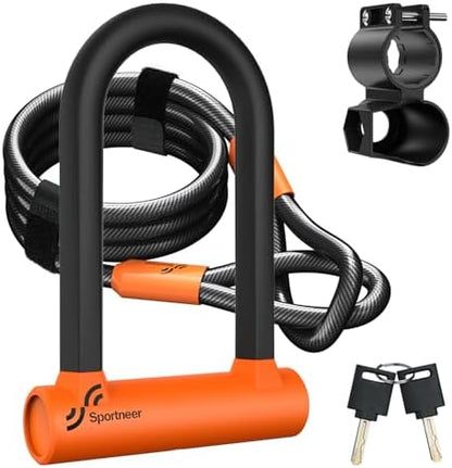 Sportneer Bike Lock: 17mm Heavy Duty Bike U Lock - High-Security Anti-Theft with 12mm x1.5m Steel Cable, 8''x5'' Compact Design, Includes Mounting Bracket for Mountain/Road/Folding/Electric Bikes