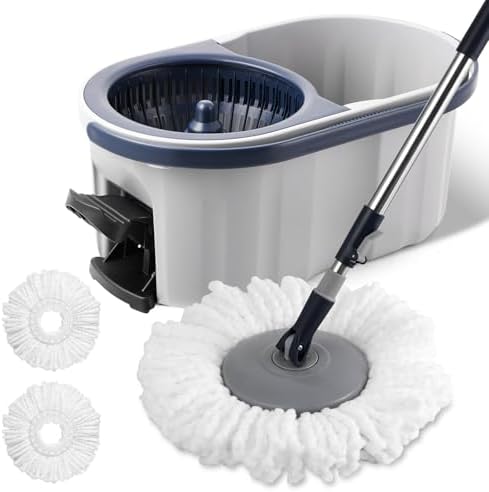 Spin Mop and Bucket System with180-Degree Rotating Head Telescopic Handle Dual Chamber Bucket Floor Cleaning Set with 3 Mop Refills Dual-Function Wringing Hand-Press and Foot-Pedal