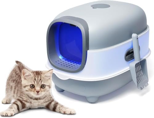 Ultra Large Fully Enclosed Cat Litter Box,Self Cleaning Cat Litter Tray for Cats with Automatic Anti-Sand Cage,Easy to Clean,Deodorize,Splash Proof Litter Box with Lid,55x38x36cm (Blue)