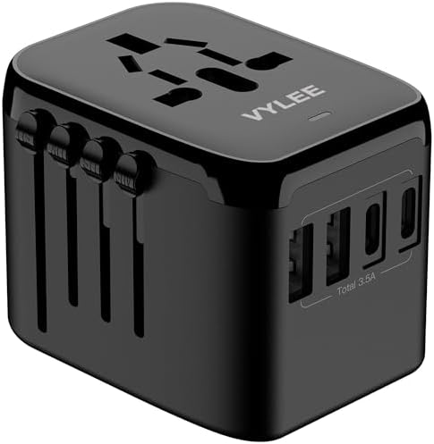 VYLEE Universal International Power Travel Plug Adapter, 5 in 1 European Travel Plug Adapter W/ 3.5A 2xUSB-A and 2xUSB C Wall Charger and Worldwide AC Outlet for Europe USA UK AUS Asia (White)