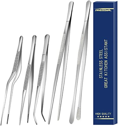 5 Pcs Cooking Fine Tweezers Tongs, Stainless Steel Food Tweezers Set, Professional Kitchen Long Tweezer for Cooking,Repairing,Sea Food,BBQ,Multi-use(12"and 6.3")