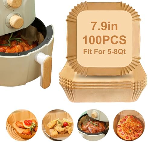 Air Fryer Liners,100Pcs 8.6" Square Air Fryer Parchment Paper Liners for 3 to 8 QT Baskets, Non-Stick & Oil Proof and Food Grade Baking Alternative to Foil for Easy Cleanup