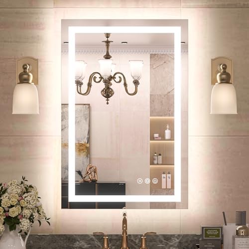 TETOTE LED Bathroom Mirror 20x28 Frontlit & Backlit Lighted Vanity Mirror Anti Fog Stepless Dimmable 3 Colors White/Warm/Natural,Double Lights,Wall-Mounted(Horizontal/Vertical)