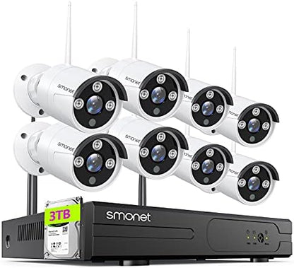 Wireless Security Camera System,SMONET 1080P 8 Channel Home Surveillance DVR Kits with 8pcs 2MP Full HD Cameras 3TB HDD Night Vision Motion Detection Free App for Indoor Outdoor 24/7 Video Recording