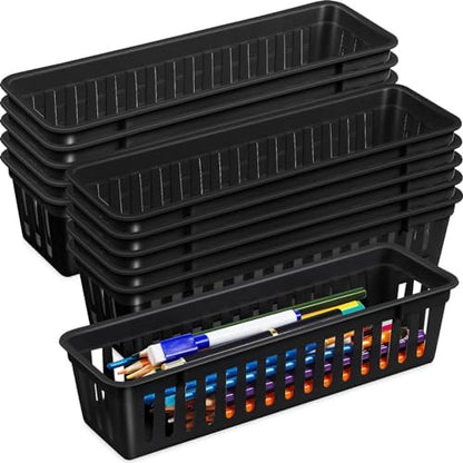 Domensi 24 Pcs Slim Plastic Storage Baskets 10.25 x 3.25 x 2.5 Inches Storage Bins White Drawer Organizer Trays Pencil Holder for Desk Pen Baskets Tray Classroom Garage Containers Supplies (White)
