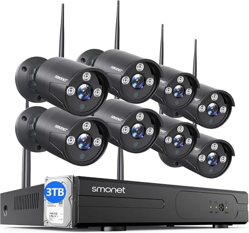 Wireless Security Camera System,SMONET 1080P 8 Channel Home Surveillance DVR Kits with 8pcs 2MP Full HD Cameras 3TB HDD Night Vision Motion Detection Free App for Indoor Outdoor 24/7 Video Recording