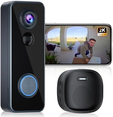 Doorbell Camera Wireless, Head-to-Toe Video, 2K HD Live View, Two-Way Talk,Smart Video Doorbell with Chime,no Subscription,Battery Powered,Motion Detection &Alerts,Works with Alexa &Google(2.4G WiFi)