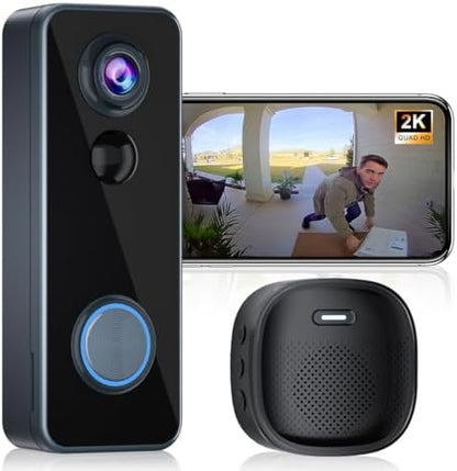 Doorbell Camera Wireless, Head-to-Toe Video, 2K HD Live View, Two-Way Talk,Smart Video Doorbell with Chime,no Subscription,Battery Powered,Motion Detection &Alerts,Works with Alexa &Google(2.4G WiFi)