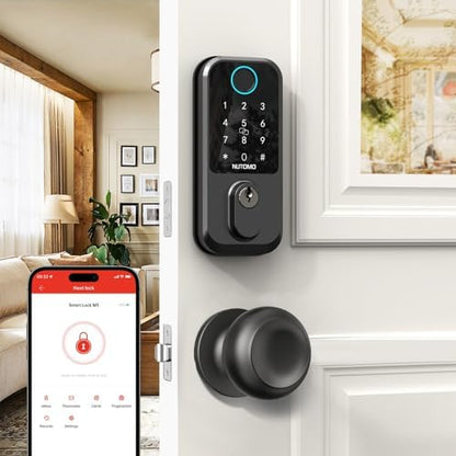 Keyless Entry Door Lock with Knob: NUTOMO Front Door Lock Set Fingerprint Deadbolt Alexa Digital Keypad Door Locks APP Remote Control Auto Lock Black