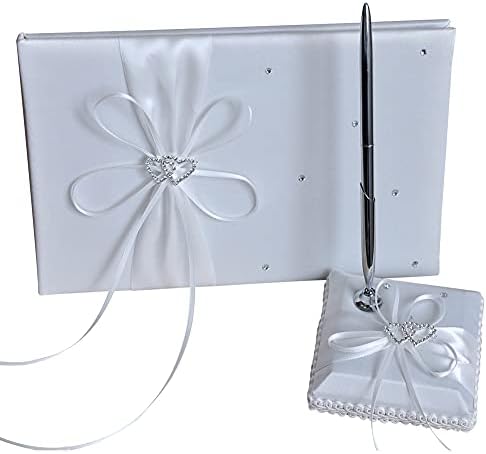 Gigicloud Wedding Guest Book Set, Ribbon Bow Wedding Guest Signature Book with Pen Holder Bowknot Wedding Memory Book Wedding Registry Guestbook for Baby Bridal Shower Wedding Party