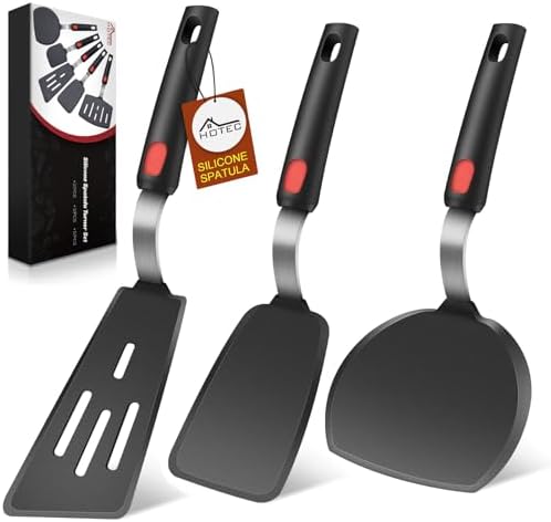 Hotec 3-Pack Silicone Spatula Turner Set – Heat-Resistant 600°F Flexible Cooking Utensils for Nonstick Cookware, Ideal for Flipping Eggs, Burgers, Pancakes, Crepes - PuriLite