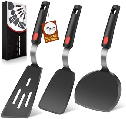 Hotec 3-Pack Silicone Spatula Turner Set – Heat-Resistant 600°F Flexible Cooking Utensils for Nonstick Cookware, Ideal for Flipping Eggs, Burgers, Pancakes, Crepes - PuriLite
