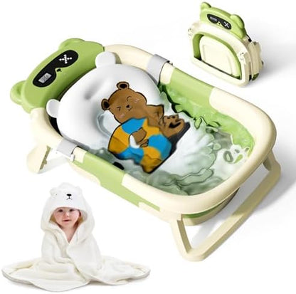 Kerbwry Baby Bathtub for Newborn to Toddler, Baby Bath Tub with Soft Towel and Floating Cushion, Baignoire Pour Bébé, Shower Essentials for Newborn (0-18 Months) Grey