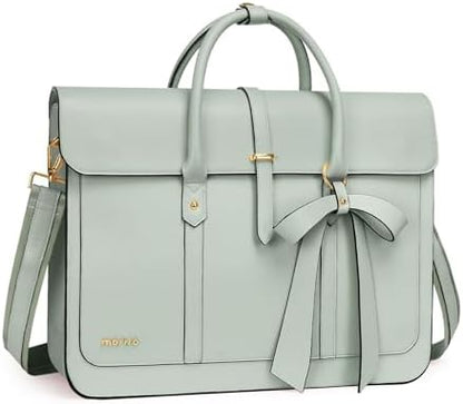 MOSISO Laptop Bag for Women, PU Leather Laptop Shoulder Bag Convertible Backpack, Work Travel Computer Bag with Bowknot - PuriLite