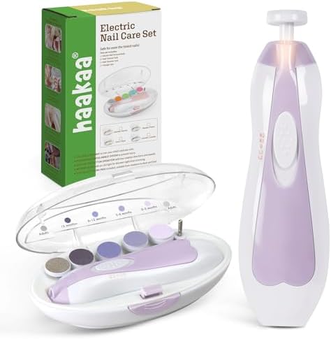 haakaa Baby Nail Trimmer Electric Safe Baby Nail Clippers Baby Nail File Kit Manicure Set, Trim Polish Grooming kit for Newborn Toddler or Adults Toes Fingernails, 6 Grinding Heads and LED Light