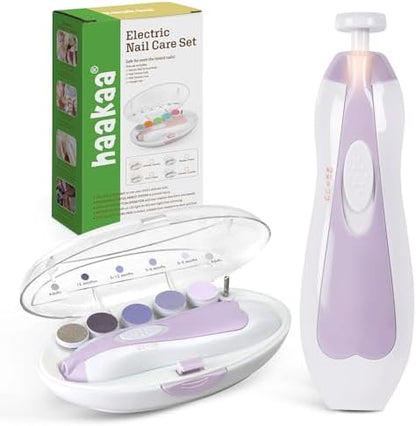 haakaa Baby Nail Trimmer Electric Safe Baby Nail Clippers Baby Nail File Kit Manicure Set, Trim Polish Grooming kit for Newborn Toddler or Adults Toes Fingernails, 6 Grinding Heads and LED Light