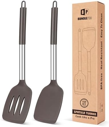 Pack of 2 Silicone Slotted Spatula,Non Stick Solid Kitchen Turner, High Heat Resistant BPA Free Cooking Utensils for Fish, Eggs, Pancakes（Black