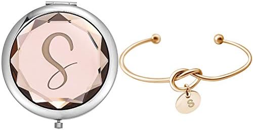 Compact Crystal Pocket Makeup Mirrors Set - Letter Mirror and Love Knot Bracelets for Bachelorette Party, Bridesmaid Proposal, Wedding Gifts (Champagne-B)