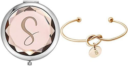 Compact Crystal Pocket Makeup Mirrors Set - Letter Mirror and Love Knot Bracelets for Bachelorette Party, Bridesmaid Proposal, Wedding Gifts (Champagne-B)