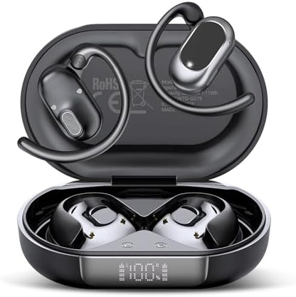Open Ear Headphones, Bluetooth 5.4 Earphones 36H Playtime Air Conduction Headphones with Mic, Adjustable Earhook Earbuds with ENC Clear Calls/LED Display, IPX7 Waterproof Open Ear Earbuds Dark Purple