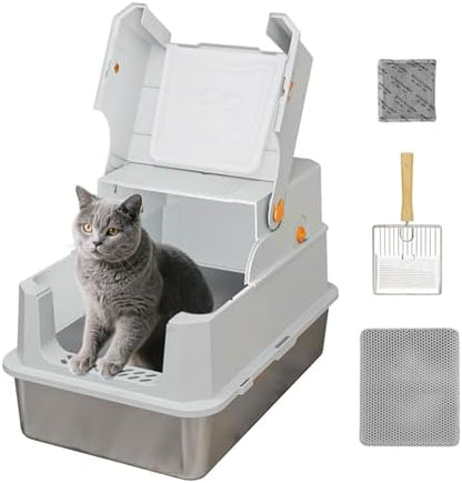 TENTIZON Stainless Steel Cat Litter Box, Extra Large Enclosed Kitty Litter Box with Removable Lid, Scoop, Pedal, XL High Sided Metal Litter Pan for Kitten, Big Cats Up to 11KG