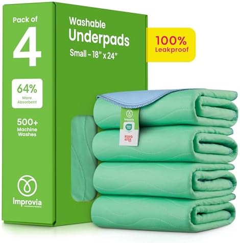 IMPROVIA® Washable Underpads, 34" x 36" (Pack of 4) - Heavy Absorbency Reusable Bedwetting Incontinence Pads for Kids, Adults, Elderly, and Pets - Waterproof Protective Pad for Bed, Couch, Sofa, Floor