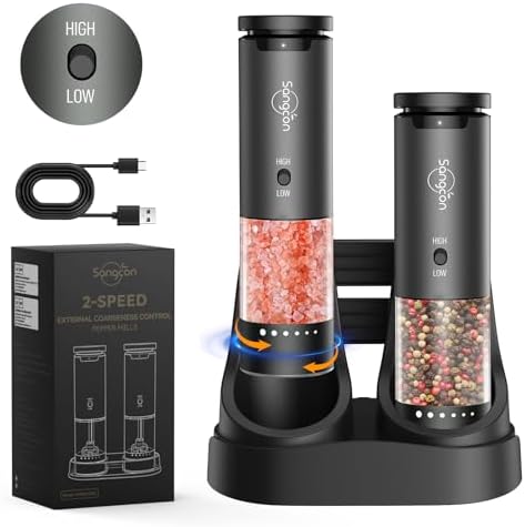 Sangcon 2-Speed Rechargeable Electric Salt and Pepper Grinder Set, 6 External Adjustable Coarseness Levels, Automatic Salt & Pepper Mill Shakers Set with Storage Base, One-Handed Operation, Silver