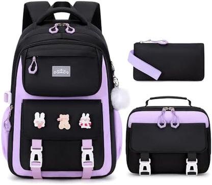 DIGOBAY Girls Backpack, School Backpack for Girls with Lunch Box Pencil Case Set for Teen Kids Girl Elementary Primary Middle High College School Bookbag with Cute Pins Pink