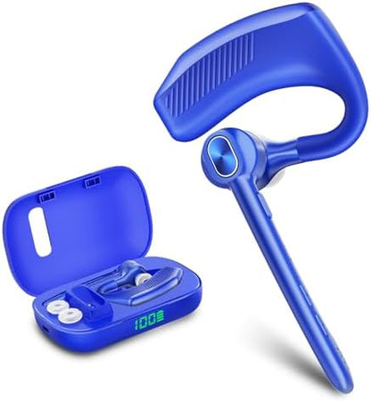 Wireless Headset Bluetooth Earpiece with Dual Noise Canceling Microphone Hands Free Headphones Single Ear Earphone Over Ear Earbud for iPhone Samsung Android Cellphones TV PC Trucker Game Work