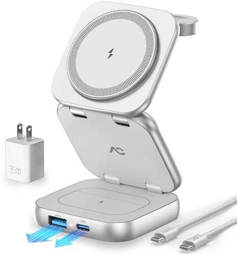 5-in-1 Wireless Charger for Magsafe, AC ISLAND Aluminum Travel Charging Station for Apple, 15W Snap Magnetic Multi Charging Stand Dock for iPhone 16/15/14/13 Apple Watch AirPods (with 35W GaN Adapter)