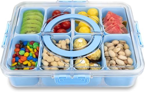 KIGITIONE Snackle Box, Pink 8 Compartments Portable Serving Tray, Divided Snackle Box Container with Lid and Handle, Snack Organizer for Fruits, Snacks, Nuts, Candy, Ideal for Party, Travel & Picnics